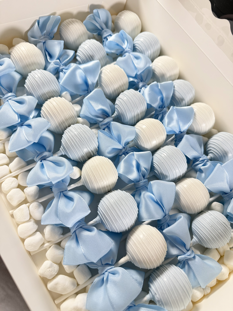White & Baby Blue Cake Pops With Handmade Silk Bows