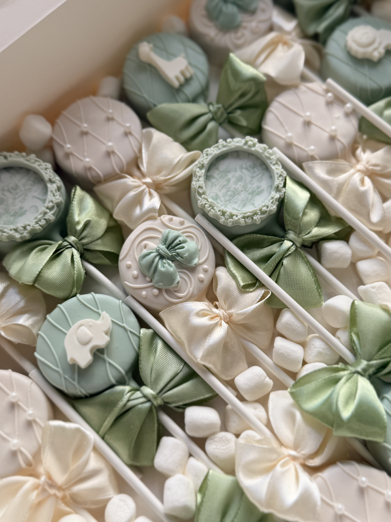 Sage Dior Baby Shower Cake Pops With Handmade Silk Bows